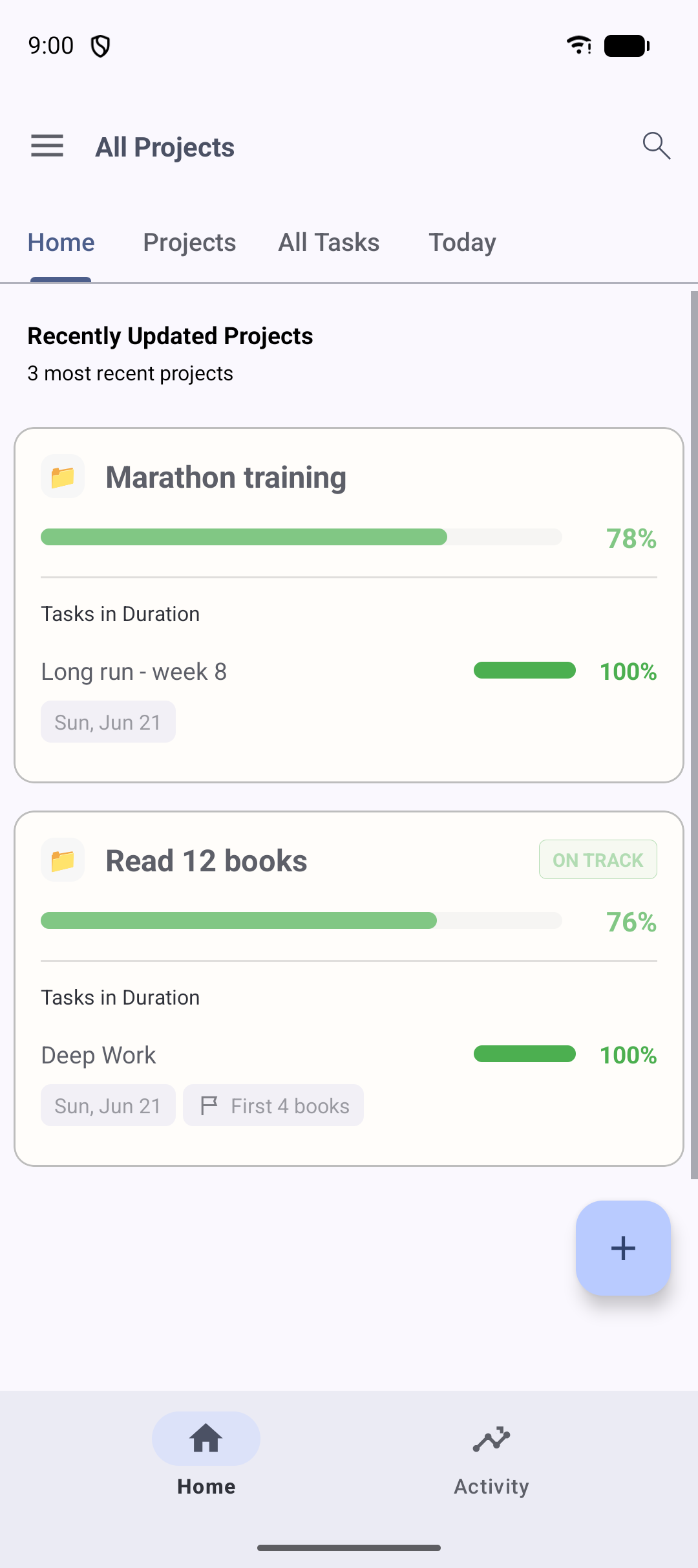 Task detail showing a start date, due date, daily target and an on-track / behind schedule indicator