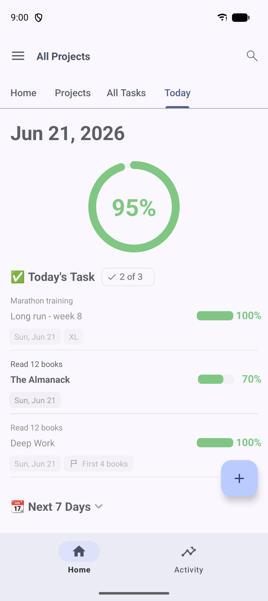 Today screen grouping upcoming tasks by how soon they are due