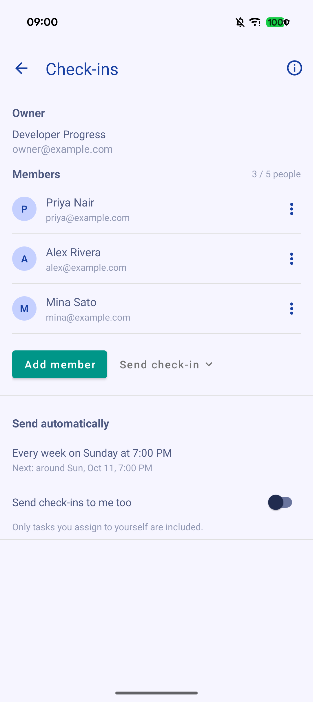 Check-ins screen with members