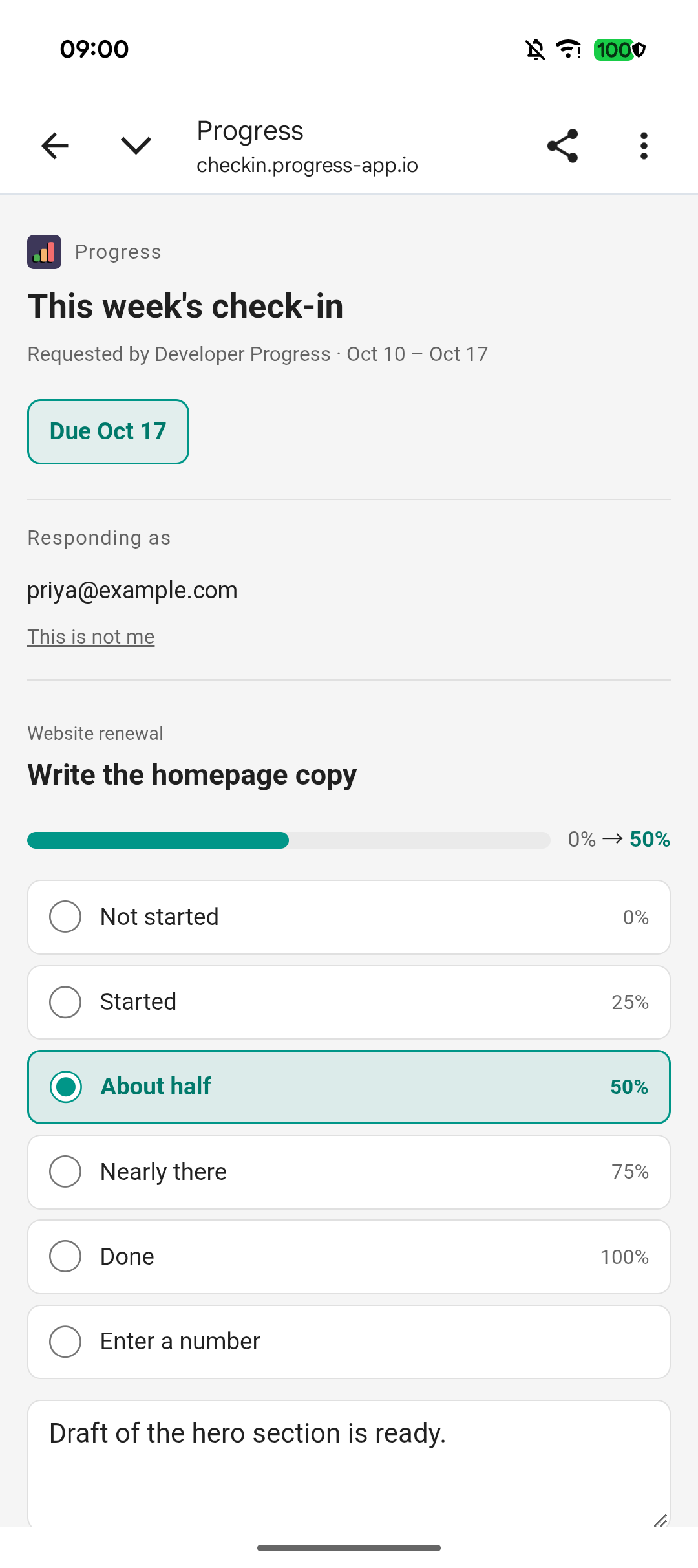 Check-in form: choosing progress