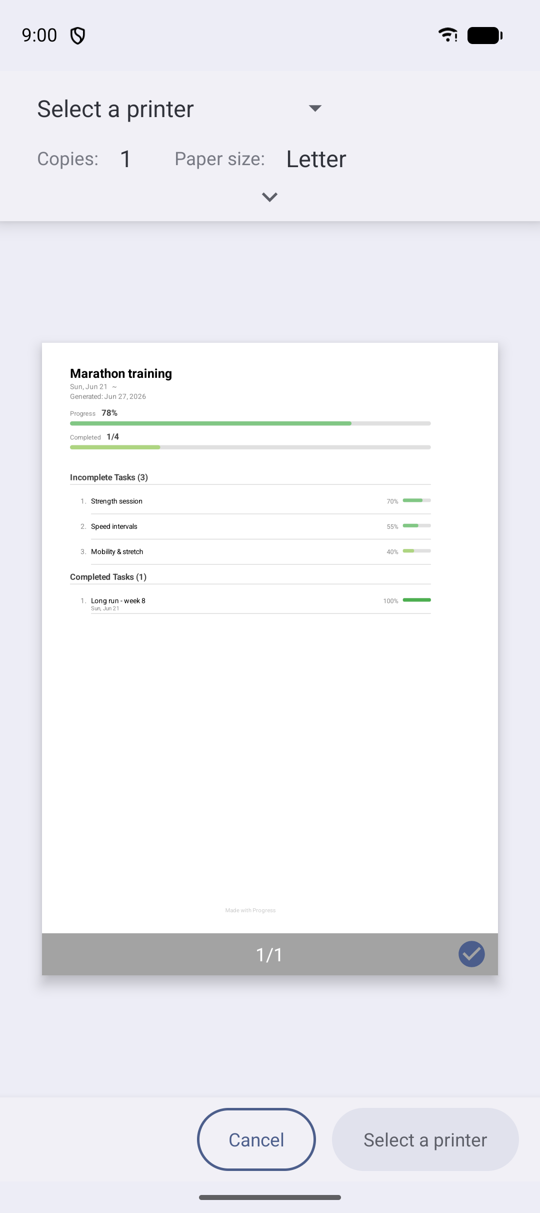 PDF export preview
