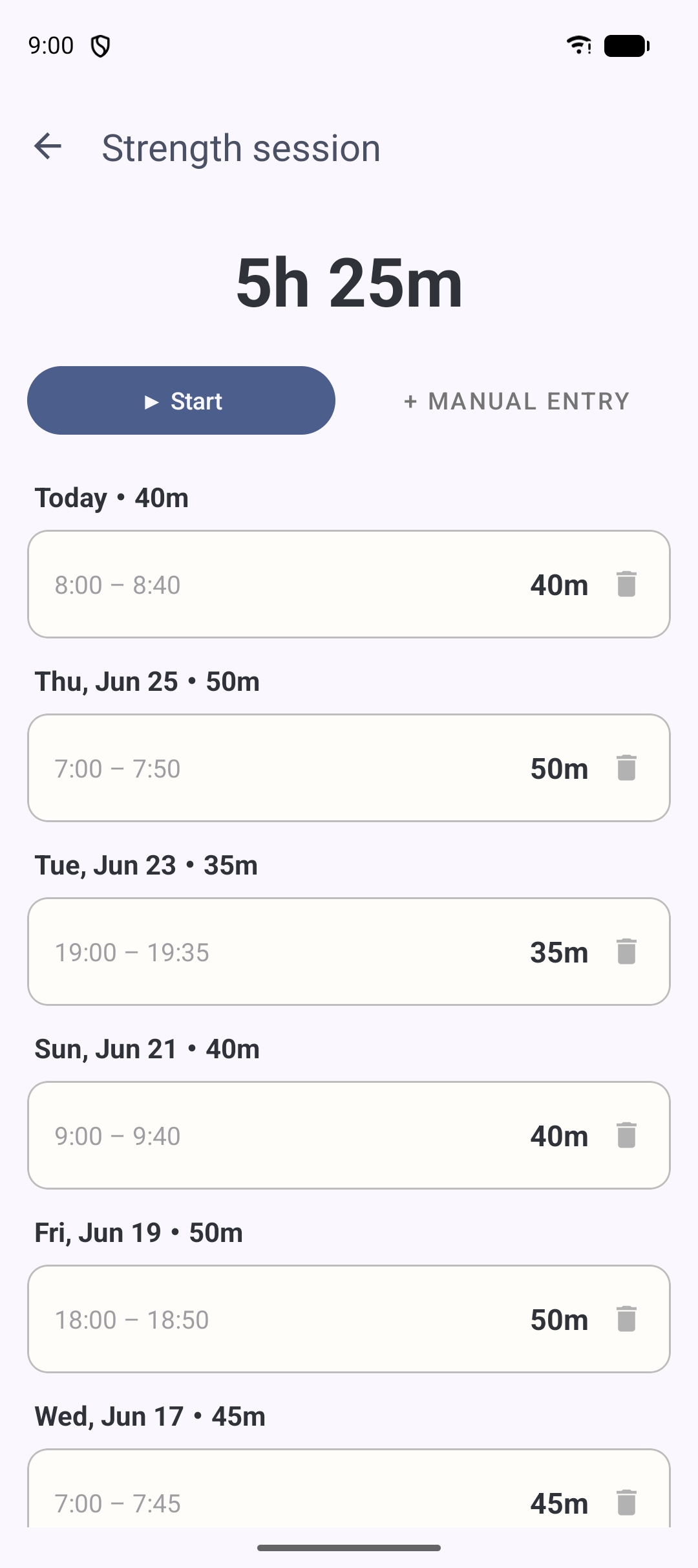 Time log screen with a running timer and a list of recorded work sessions
